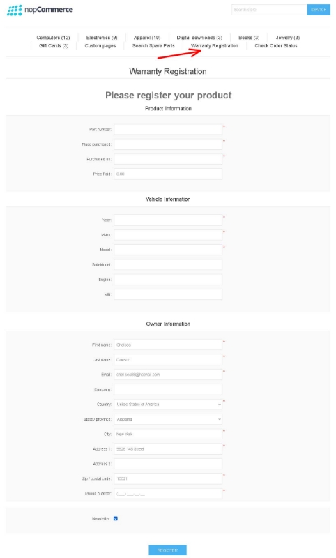 Picture of Warranty Registration Form